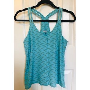 Blue Feather Print Button Down Tank Top